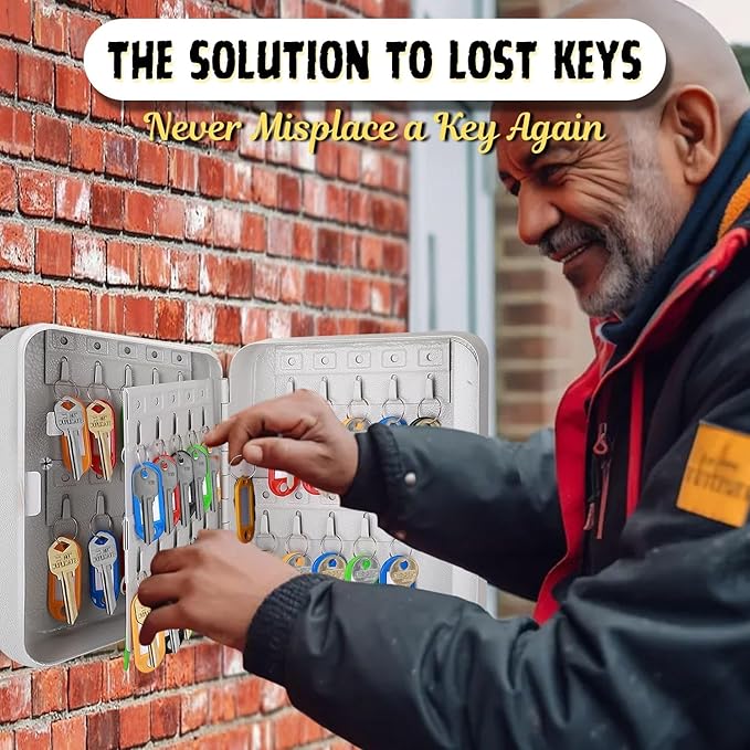 Flexzion Key Box Wall Mount With Code - 40 Capacity Key Box Organizer, Lock Box Key Holder, Secure & Durable Key Storage Box Cabinet with Colored Tags & Hooks for Homes & Business, Gray