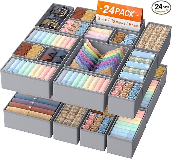 Drawer Organizer Clothes, 24 Pack Drawer Organizers and Underwear Organizer for Nursery, Dividers Clothes Organizer, Closet Organization and Foldable Storage Bins for Socks, Bra, Tie, Grey