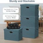 Large 17" 36 Quart Collapsible Stackable Storage Bins with Lids, 3 Packs Blue-Green Linen Fabric Closet Boxes with Lids, Storage Cube Baskets Container Organizers for Bedroom (17x12x11)