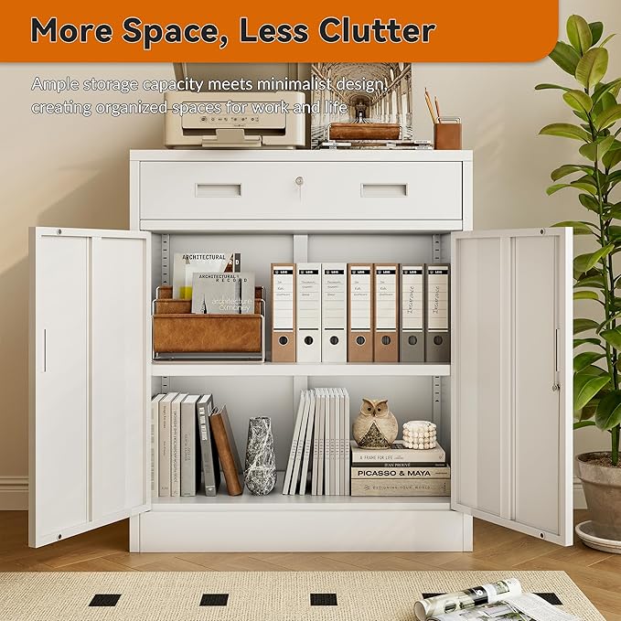 BESFUR Metal Storage Cabinet with Lockable Drawer and 2 Lockable Doors, 36"H White Metal Cabinet with Adjustable Shelf, Locking Storage Cabinet for Home Office, Garage,School, Warehouse, Utility Room