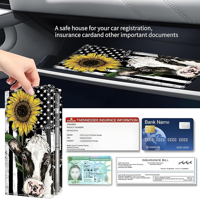 Premium Car Registration and Insurance Card Holder, Cute PU Leather Car Document Holder, Vehicle Glove Box Car Organizer with Magnetic Closure for Driver License, Cards American Flag