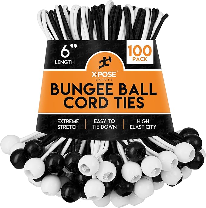 Xpose Safety Bungee Ball Cords 6" 100 Pack Heavy Duty Assorted Colors Black and White Stretch Rope with Ball Ties for Canopies, Tarps, Walls, Cable Organization