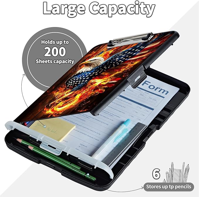 Clipboard with Storage,Clip Boards 8.5X11 with Storage Pen Holder,Heavy Duty Plastic Nursing Clipboards Foldable,Coaches Clipboard Folder Case,School Office Supplies-American Eagle Rebirth of Fire