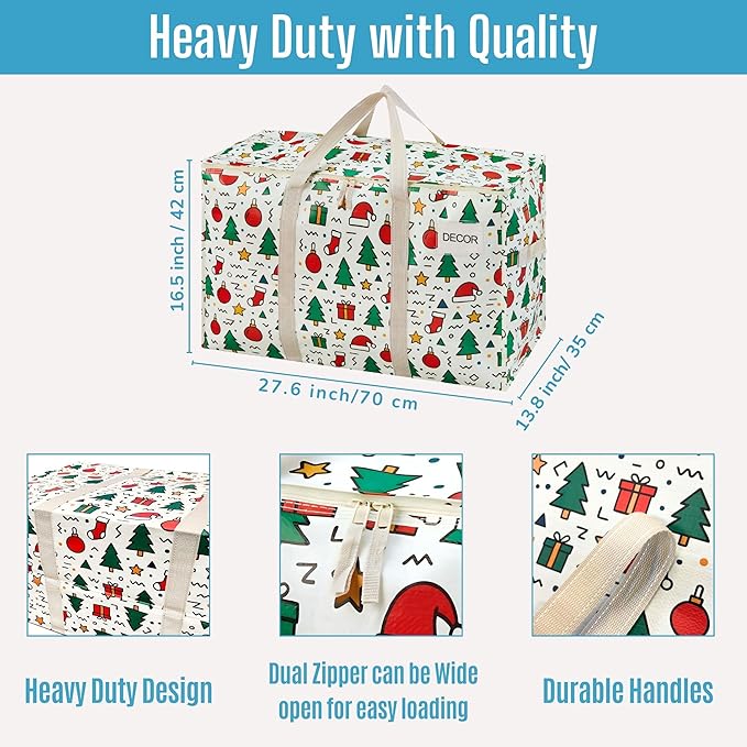 VENO 4 Pack Moving Bags and Large Christmas Storage Bins with lids. Alternative to Moving Boxes, Packing Supplies for College. Extra Large Heavy Duty Totes for Packaging (Jingle Mix, 4 Pack)
