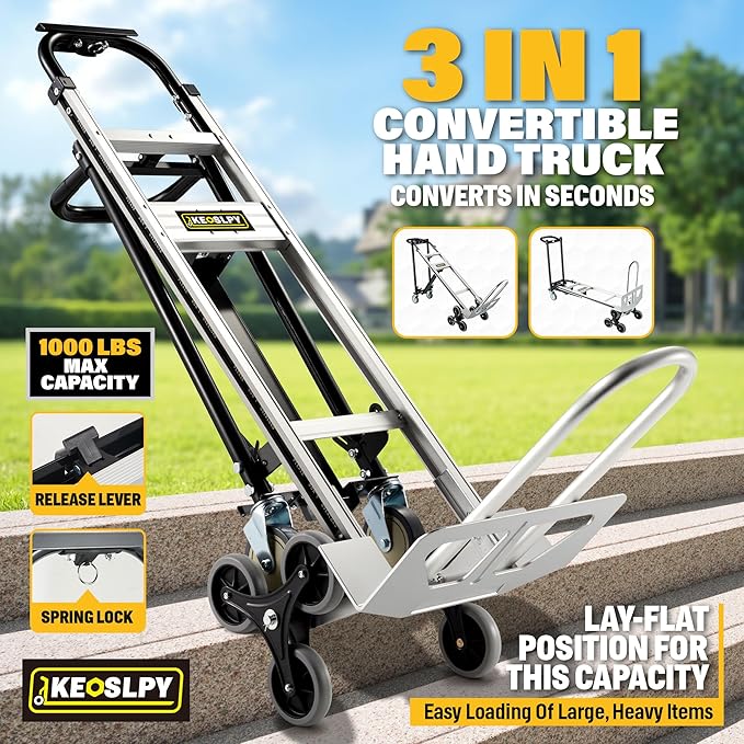 3 in 1 Industrial Convertible Hand Truck, Folding 1000 LBS Capacity Heavy Duty Platform Cart, Utility Aluminum Collapsible Moving Dolly with Stair Climbing Wheels, 3 Positions for Transport