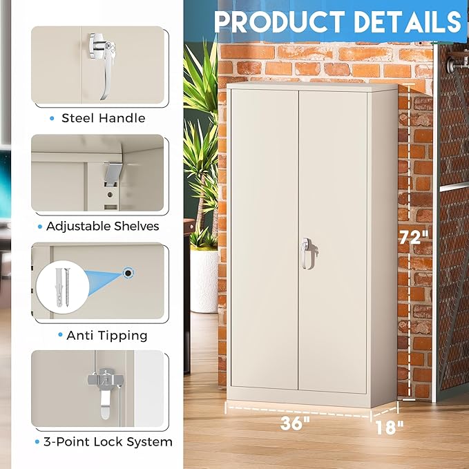 Greenvelly Garage Storage Cabinet,72" Metal Cabinet with 2 Doors and 4 Shelves,Steel File Cabinet for Home Office, Garage, Classroom（Grey 36" X 18"）