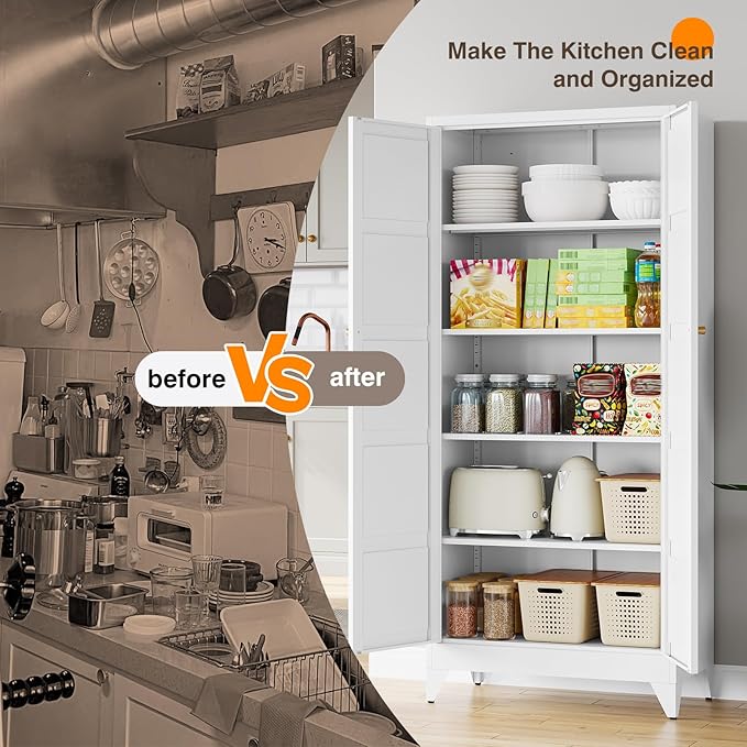 Yizosh Metal Storage Cabinet with 2 Doors and 4 Adjustable Shelves,- 72" White Kitchen Pantry Storage Cabinet for Kitchen,Living Room,Dining Room