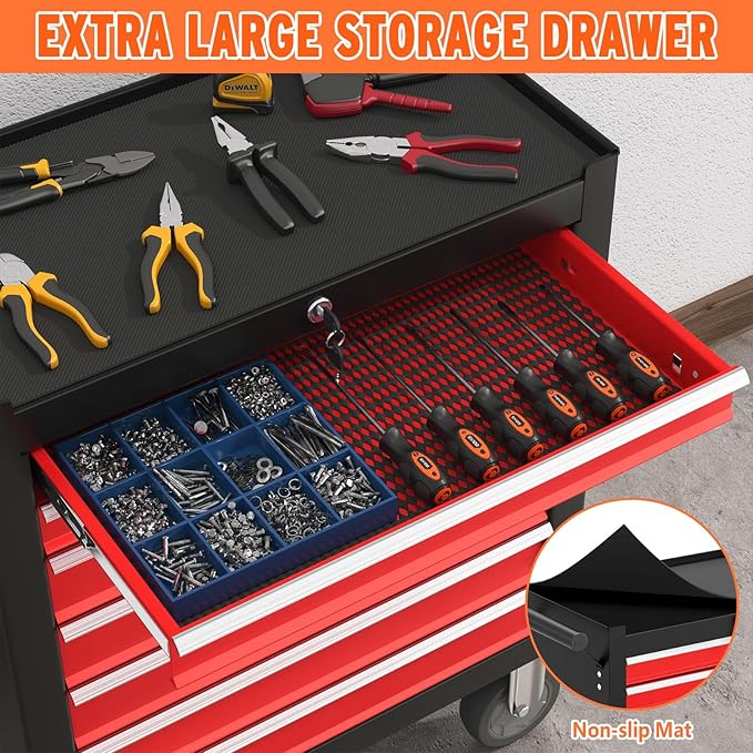 7 Drawers Rolling Tool Chest with Wheels, Metal Tool Box with Drawers, Large Capacity Tool Storage Cabinet with Keyed Locking, Tool Organizer Box for Garage, Workshop, Warehouse, Black Red