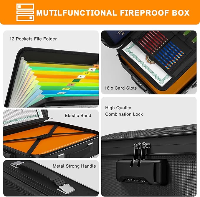 JUNDUN Fireproof Document Box,Hard Case Fireproof Document Organizer with Lock，Home Travel Portable Fireproof Safe Storage Box Case for Letter Size Documents,Files,Papers and Passport,Black