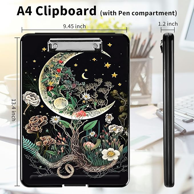 A4 Clipboards,Heavy Duty Waterproof Nursing Plastic Folder Clipboard with Storage Clip Boards,File Folder Storage Box Clipboard Case for Teacher,Doctor,Offices,Moon Flowers