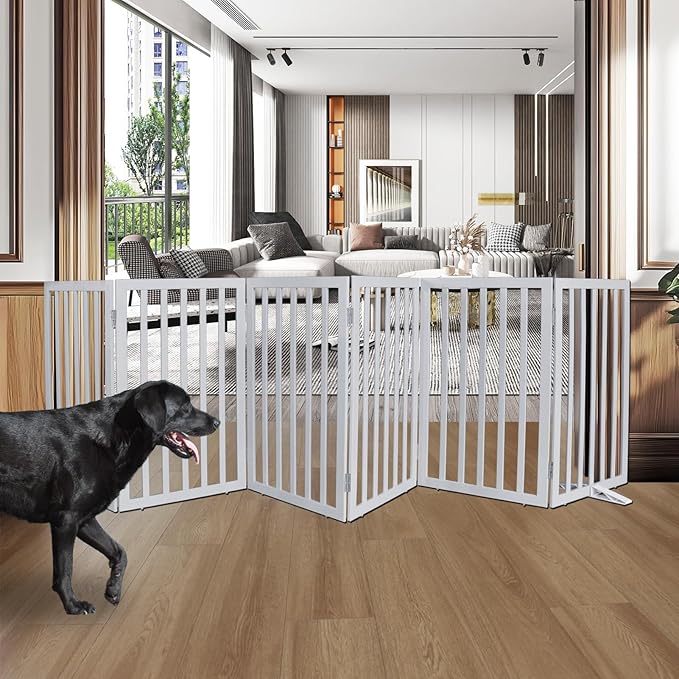 ZJSF Freestanding Indoor Dog Gate for House Foldable Wood Puppy Gate for Doorways Pet Gate for Stairs Extra Wide Pet Fence, Grey, 32" Height 6 Panels