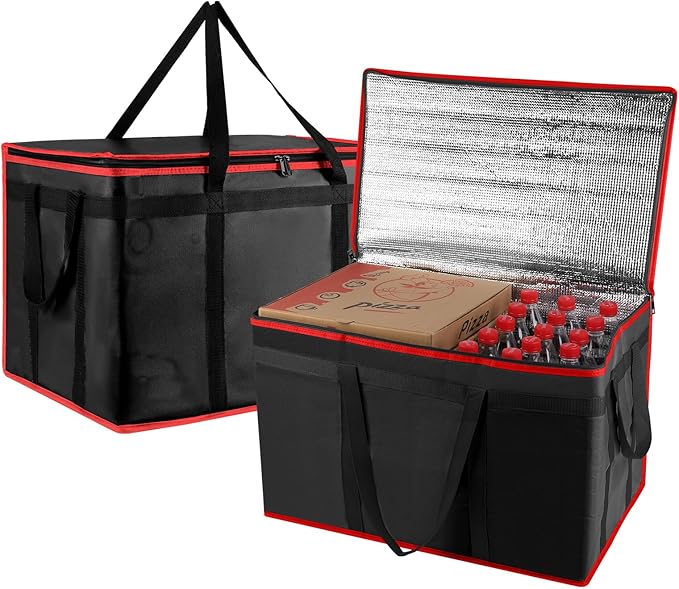 mosago 2PK Insulated Food Delivery Bag - Reusable Thermal Cooler Grocery Bags for Catering & Delivery, Pizza Carrier for Events, Large Capacity Bag Keeps Food Hot/Cold, Commercial, Black with Red Trim