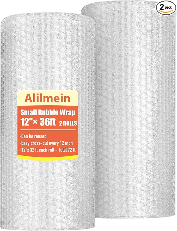 12 inch x 72ft - 2 Pack Total Small Thin Bubble Cushioning Wrap for Extra Protection Packaging Mailers, Nylon Wrap Rolls Moving Cushioning Supplies for Moving & Shipping, Perforated Every 12”