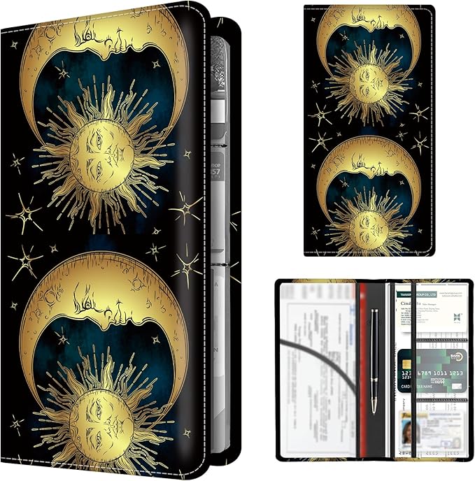 Premium Car Registration and Insurance Card Holder, Cute PU Leather Car Document Holder, Vehicle Glove Box Car Organizer with Magnetic Closure for Driver License, Cards Golden Sun and Moon