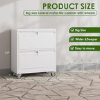 Aobabo 2 Drawer Lateral File Cabinet with Wheels, Lockable Metal Filing Cabinet for Home Office, Legal/Letter Size,White,Required Assembled,15.87" D x 28.94" W x 34" H