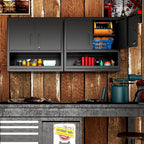 Garage Wall Cabinet with Doors and Shelves, Wall Mounted Metal Storage Cabinet with Open Storage, Lockable Hanging Tool Cabinet for Garage Utility Room, Black