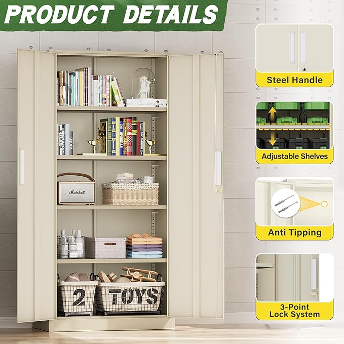 Greenvelly Metal Storage Cabinet, Gray Steel Garage Cabinet with Doors and Adjustable Shelves, Metal Cabinet with Lock,Garage Cabinets and Storage System for Garage,Home Office,School