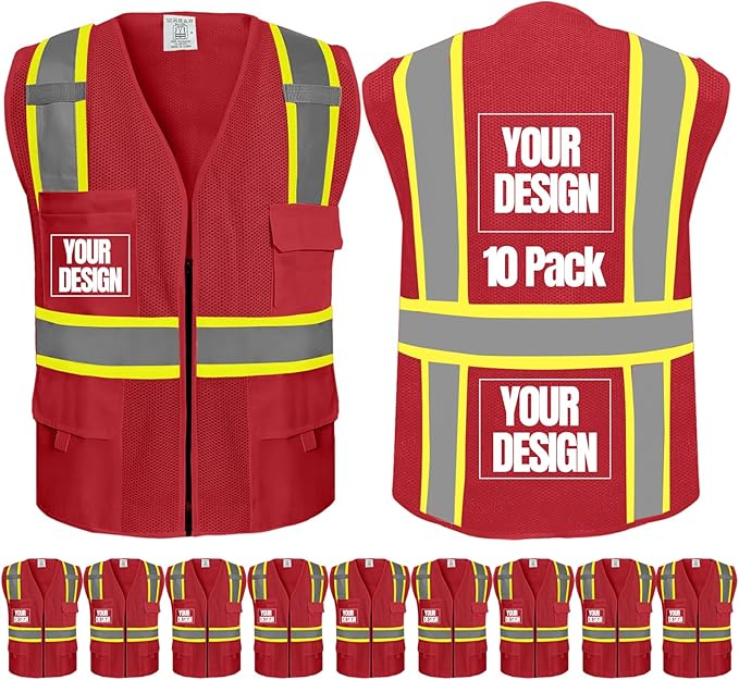 BeautyWill 10/20 Pack Custom Logo Safety Vest,Bulk High Visibility Class 2 Reflective Work Vests