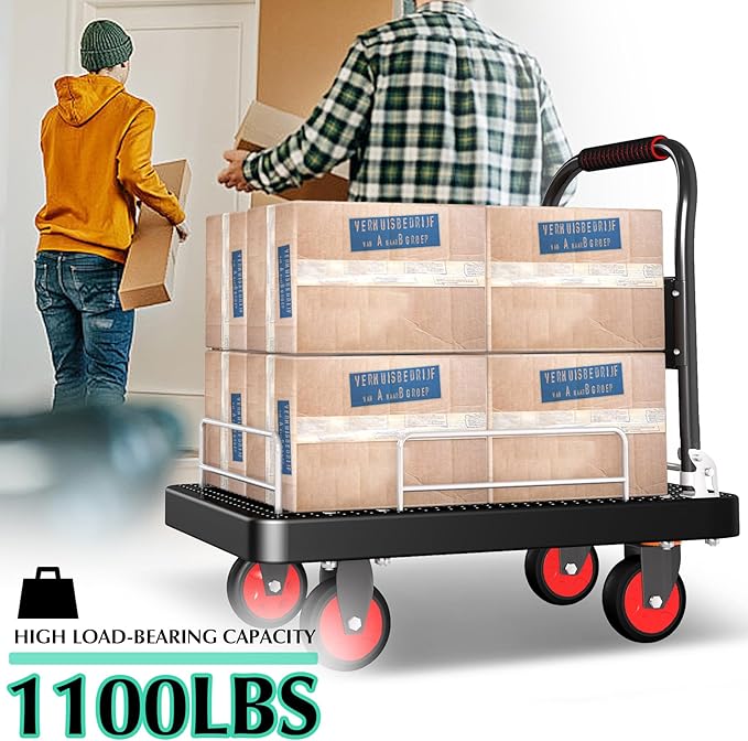 Platform Truck Cart with 3 Fence, 28"x19" Flatbed, 1100lbs Capacity Heavy-Duty Foldable Push Dolly Cart with Swivel Wheels, Foldable & Portable for Groceries, Garage,Home,Office Use, Black