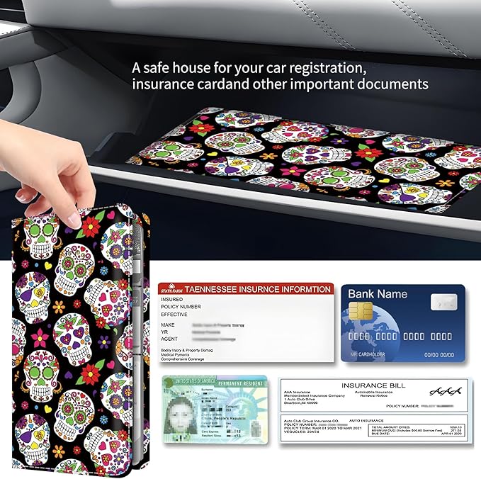 Premium Car Registration and Insurance Card Holder, Cute PU Leather Car Document Holder, Vehicle Glove Box Car Organizer with Magnetic Closure for Driver License, Cards Floral Skull