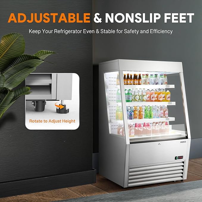 Wilprep Commercial Display Refrigerator, 36" Open Air Merchandiser with 12.2 cu. ft. Volume LED Lighting Night Curtain, Grab and Go Display Refrigerator Showcase for Store Cafe Bar Shop