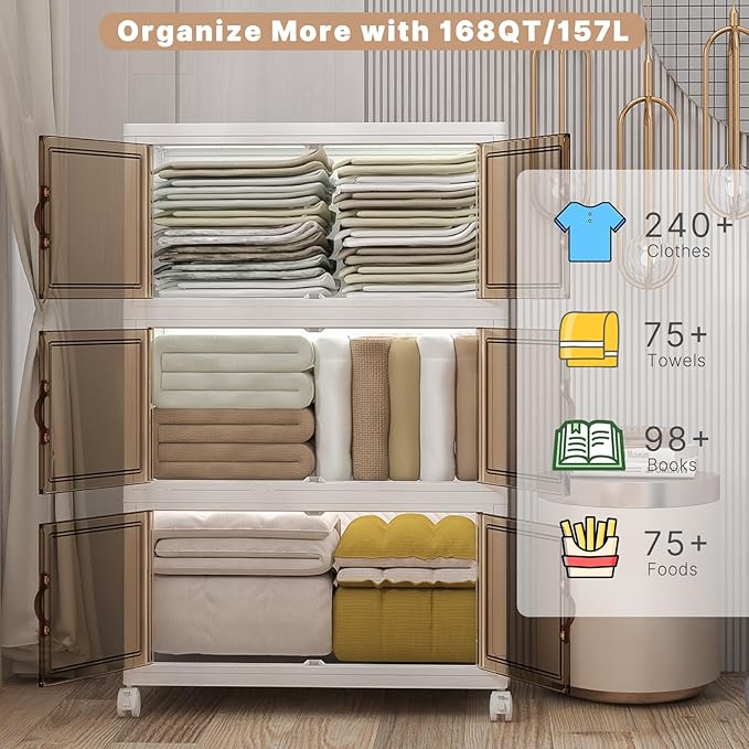 Extra Large Stackable Storage Bins with Lids & Wheels, Foldable Plastic Storage Bins (White, 504QT-168QT/42GAL*3Pack)