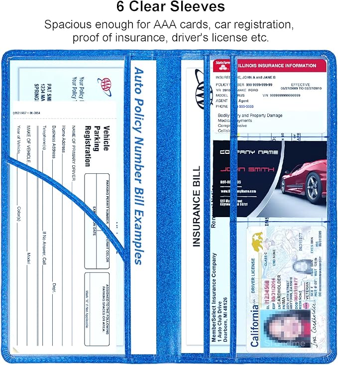 Car Registration and Insurance Holder, Leather Magnetic Shut Vehicle Glove Box Organizer for Document, Card, Driver License, Glitter Blue