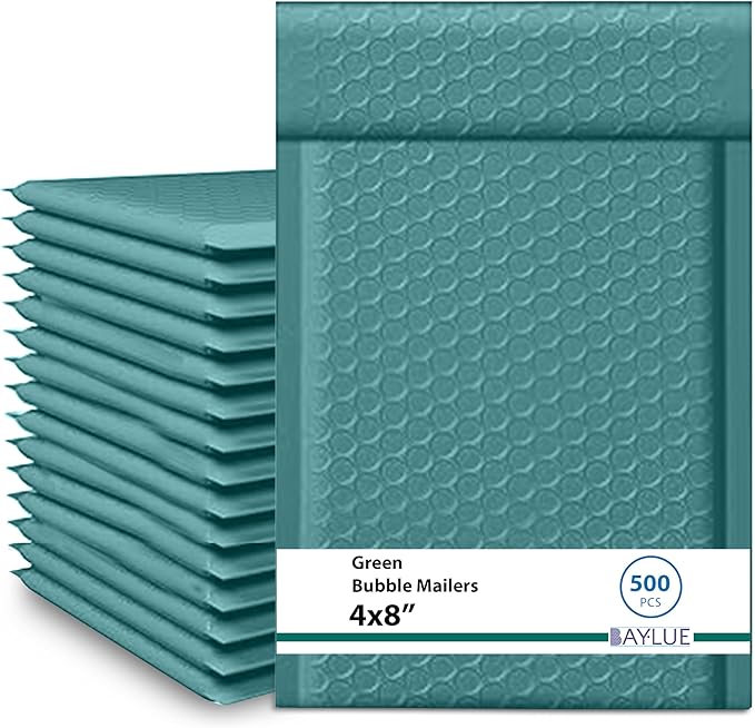 Green Small Bubble Mailers 4x8 Inch #000 | Thick Padded Poly Mailer Envelopes | Mailing Trading card sports Card Bubble Envelopes Water & Tear Resistant | 500 Pack Bulk