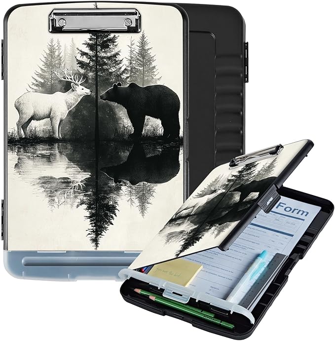 Clipboard with Storage Box & Pen Holder,Heavy Duty Clip Boards 8.5x11 for Nursing,High Capacity,School & Office Supplies,Deer Bear Forest