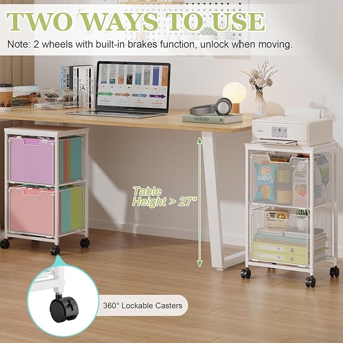 Rolling File Cart with 2 Storage Drawers,Under Desk Storage Cart,Hanging File Folder Organizer with Wheels, Filing Cabinet Mobile Printer Stand Utility Craft Cart for Home Office,White
