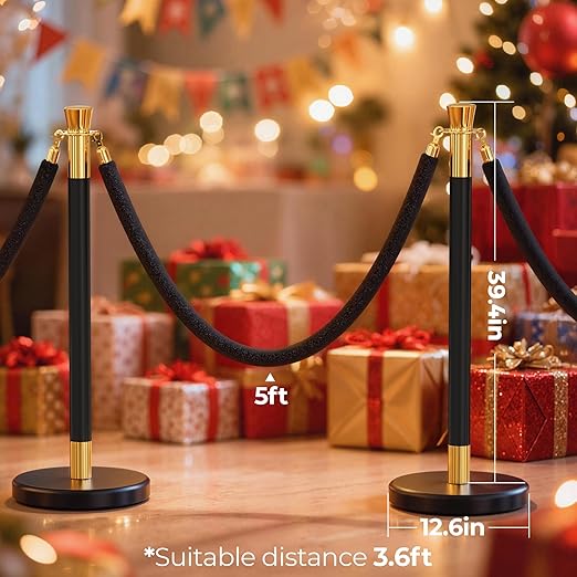 6pcs Sturdy Stanchion Posts, 6pcs High Quality Black Velvet Ropes, Water/Sand/Concrete Fillable Leakproof Base, Crowd Control Barriers for Birthday, Prom, Business, Wedding, Red Carpet
