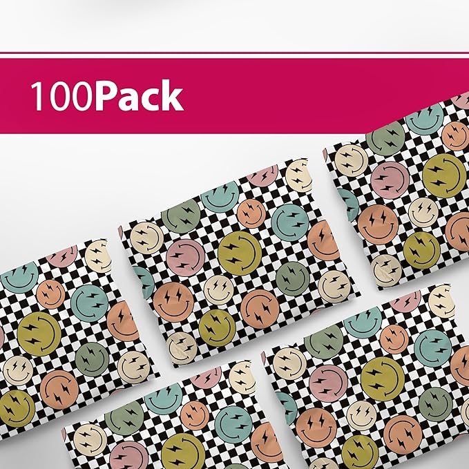 6x9 Poly Mailers – Smiles Checkerboard – Waterproof, Tear-Resistant Shipping Bags with Adhesive Seal – 100 Pack – Package Mint