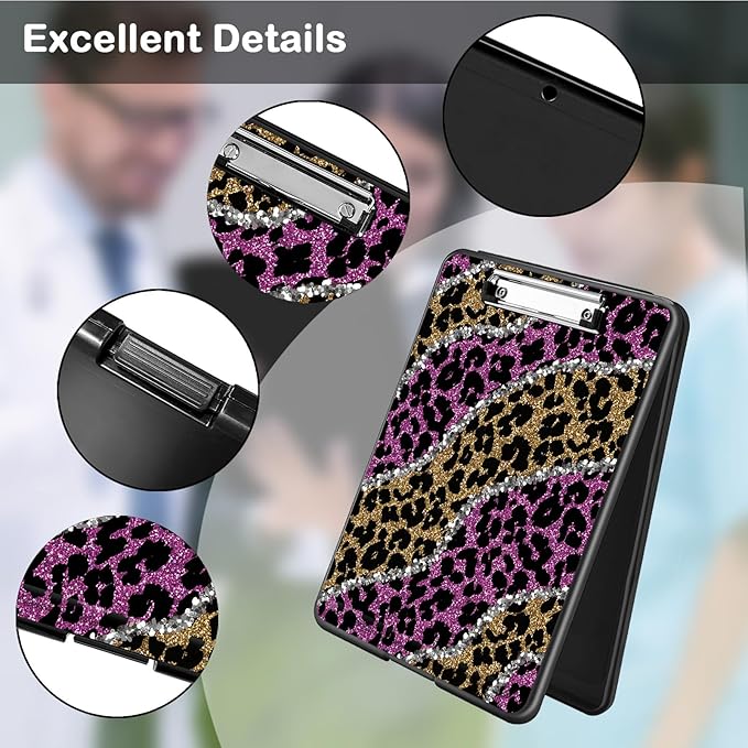 Clipboard with Storage,Office Supplies Nursing Clipboards Folder with Pen Holder Plastic Foldable Clip Board with Storage for Nurse Teacher,Pink Golden Leopard