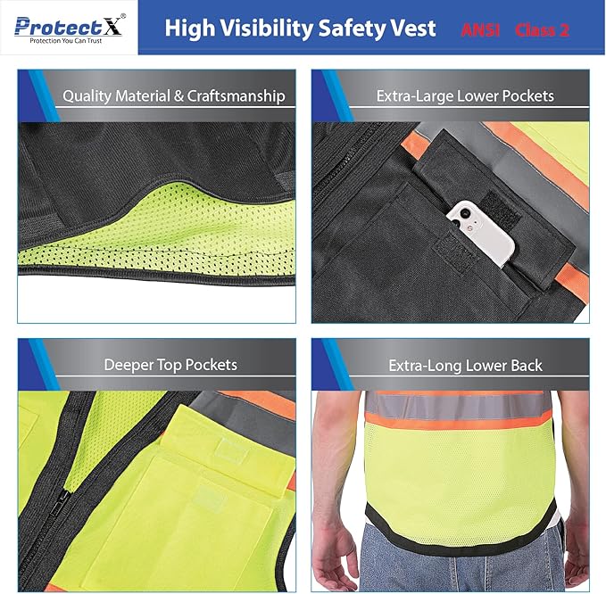 ProtectX 6 Pockets High Visibility Safety Vest for Men Women Class 2 Reflective Hi Vis Work Construction Vest