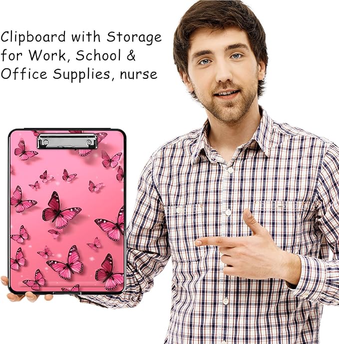 Clipboard with Storage, High Capacity Plastic Storage Clipboard with Pen Holder for Women Teachers Work, School & Office Supplies, Cute Pattern Decorative Clipboards, Butterfly