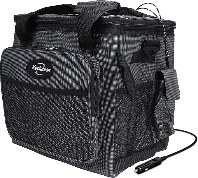 Koolatron Electric Portable Cooler Plug in 12V Car Cooler Bag, 26 qt (25 L) Black/Gray Soft-Sided Portable Car Fridge w/DC Power Cord, Adjustable Shoulder Strap, Cord Storage, Road Trip