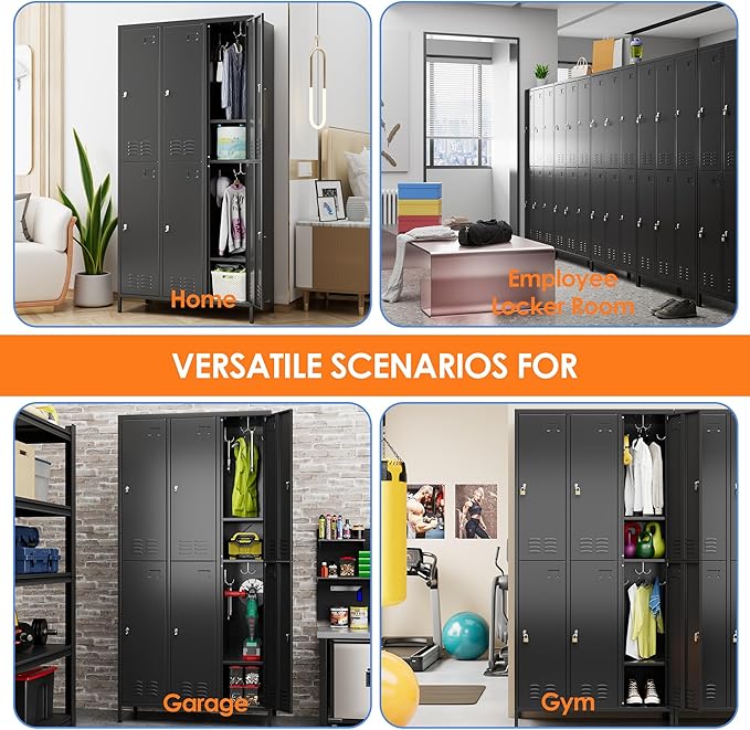 6 Doors Metal Locker for Employees with 18 Hooks,Metal Locker with Business Card Holder forOffice Gym Home,Assembly Required,Black