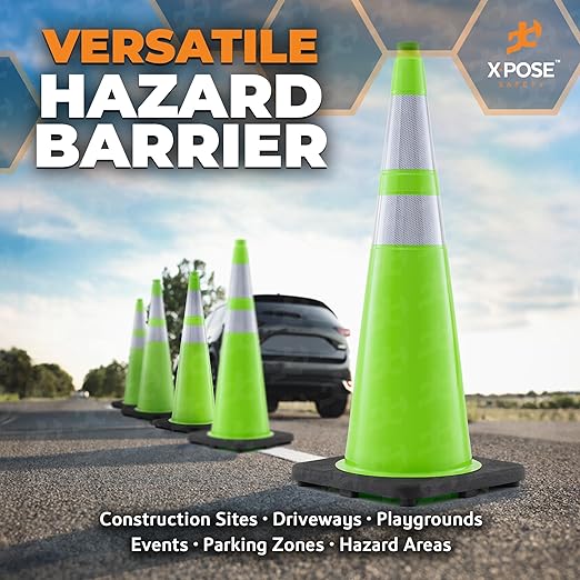 Xpose Safety 36” Lime Green Traffic Cone Dual 6" & 4" Reflective Collar – 4 Pack Multipurpose Premium PVC Safety Cone for Parking, Caution, Construction, Road Crews, Emergency Vehicle - DOT Approved