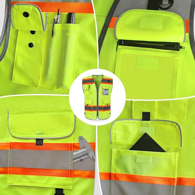 TCCFCCT Yellow Safety Vest for Men Women 9 Pockets Mesh High Visibility Reflective Vest for Safety, Work Vest with Reflective Strips, Meets ANSI/ISEA Standards, DB-5X-Large