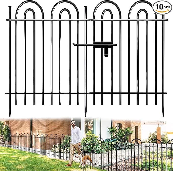 10 Panels Garden Tube Fence with Gate, 42in(H)×21.6ft(L) Tall No Dig Fence Animal Barrier, Heavy Duty Metal Decorative Garden Edging Border, Ground Defense Temporary Fencing for Outdoor Yard, Black