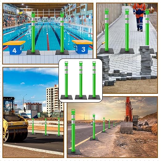 Kanayu 49 Inch Traffic Delineator Posts with 8.8 Lbs Rubber Base PE Delineator Post Portable Parking Pole Traffic Cone Barrier with Removable Base, Reflective Band(4 Packs,Green)