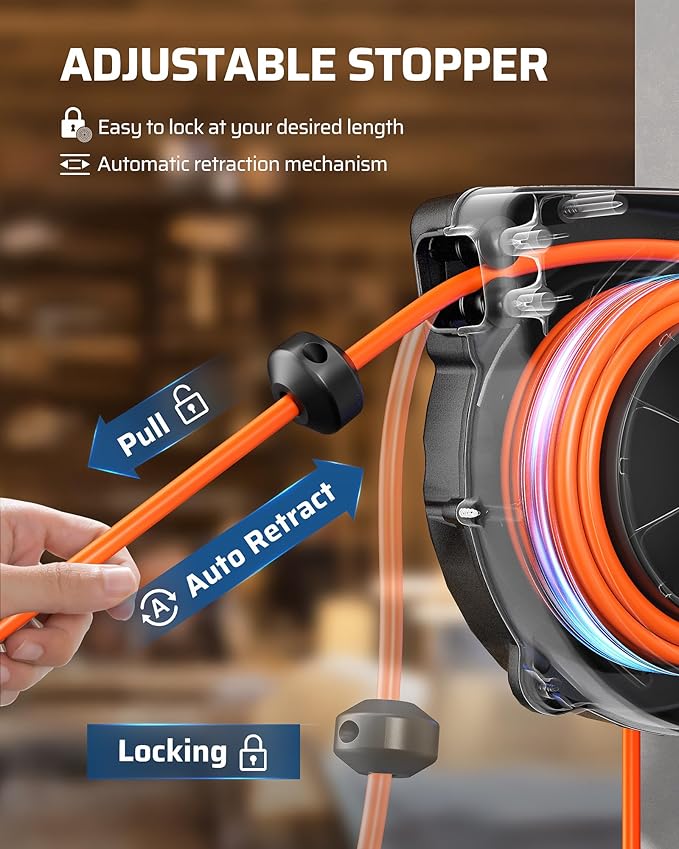 DEWENWILS 30FT Retractable Extension Cord Reel, 16/3C SJTW Heavy Duty Power Cord, Lighted Triple Outlets, 10A Circuit Breaker, Lightweight 180° Swivel Bracket, Ceiling/Wall Mount, ETL Listed, Orange