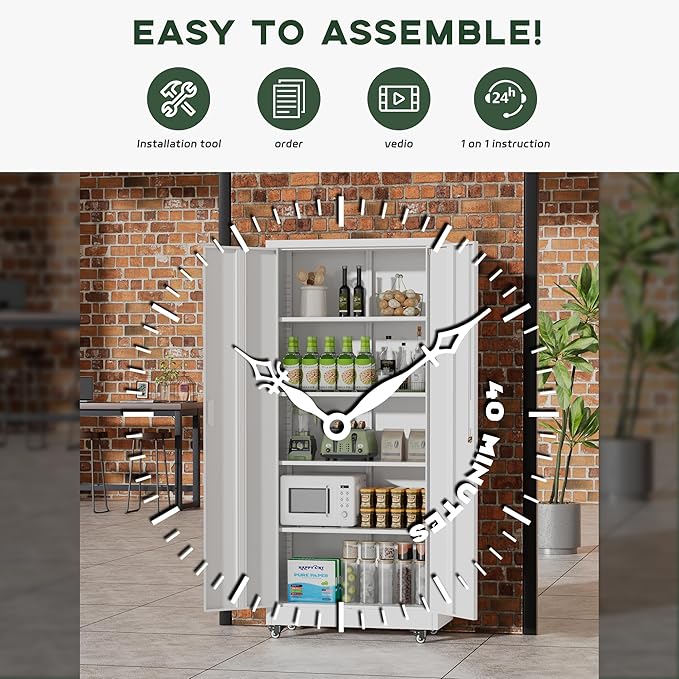 Greenvelly Metal Garage Storage Cabinet with Wheels, 73" White Steel Rolling Cabinet with 2 Door Lock and Adjustable Shelves,Locking Storage Cabinet for Garage Home Office Utility Room