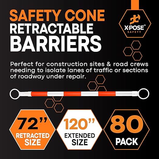 Retractable Barrier for Safety Traffic Cones - 2" OD - Large Yellow and Black Bar Barricade - for Road Construction, Parking, Warning, Temporary Security Divider (80, Orange & White, 72" x 120")