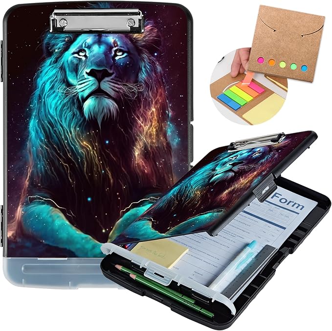 Clipboard with Storage,Heavy Duty Plastic Storage Clipboard with Low Profile Clip,Teacher Must Haves,Office Supplies,Cool Lion