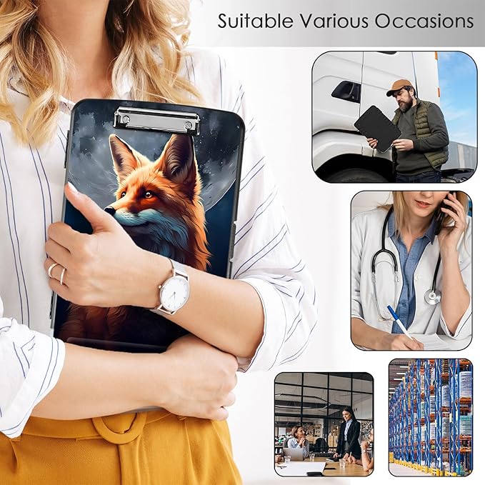 Clipboard with Storage,Office Supplies Nursing Clipboards Folder with Pen Holder Plastic Storage ClipBoard Foldable for Teacher Nurse,Fox and Moon