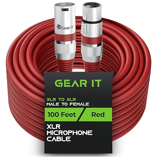 GEARit XLR Male to Female Microphone Cable (100 Feet, 1 Pack) 3-Pin Balanced Shielded Mixer, Recording Studio, Podcast - Red