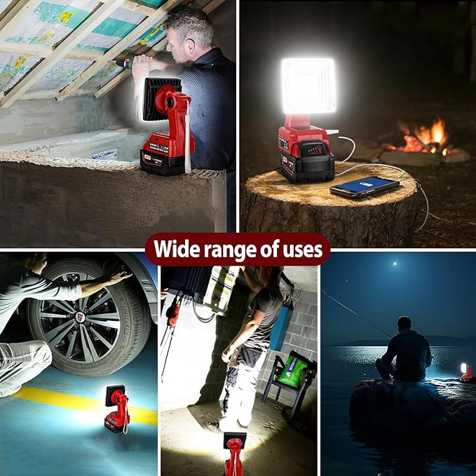 25W 2000LM Cordless LED Work Light for Milwaukee M18 18V Battery Portable Flood Lights for Outdoor Indoor Workshop Job Site, LED Floodlight with Pivoting Head/USB Port(No Battery)