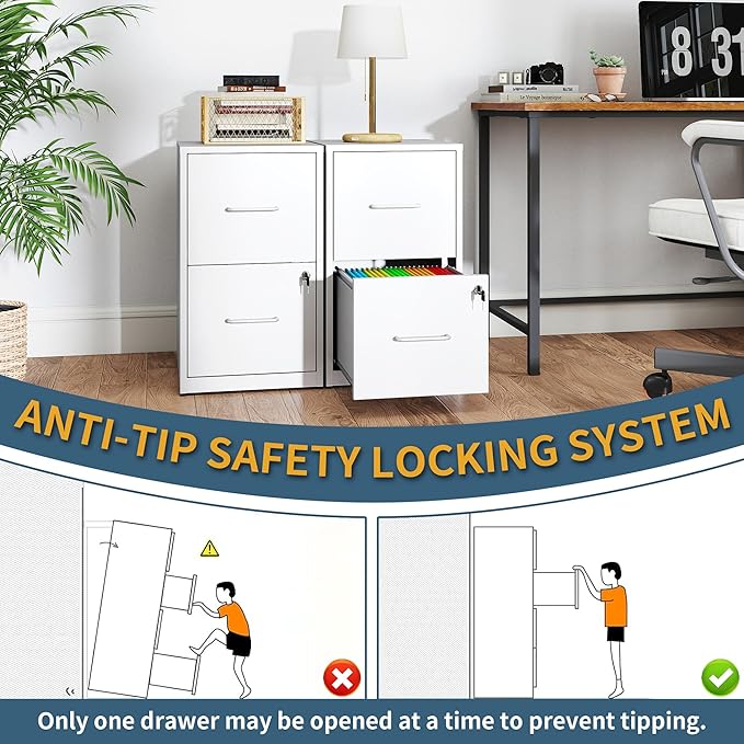 2 Drawer File Cabinet with Lock, Vertical Filing Cabinets for Home Office, Metal Storage Cabinet, Heavy Duty File Cabinet for Under Desk, Amssebly Required, White