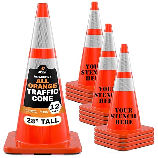 Xpose Safety 28 Inch Orange Traffic Cones with 6" & 4" Collars, 12-Pack - Multipurpose PVC Plastic Safety Cone for Parking, Soccer, Caution, Kids and Construction - DOT Approved